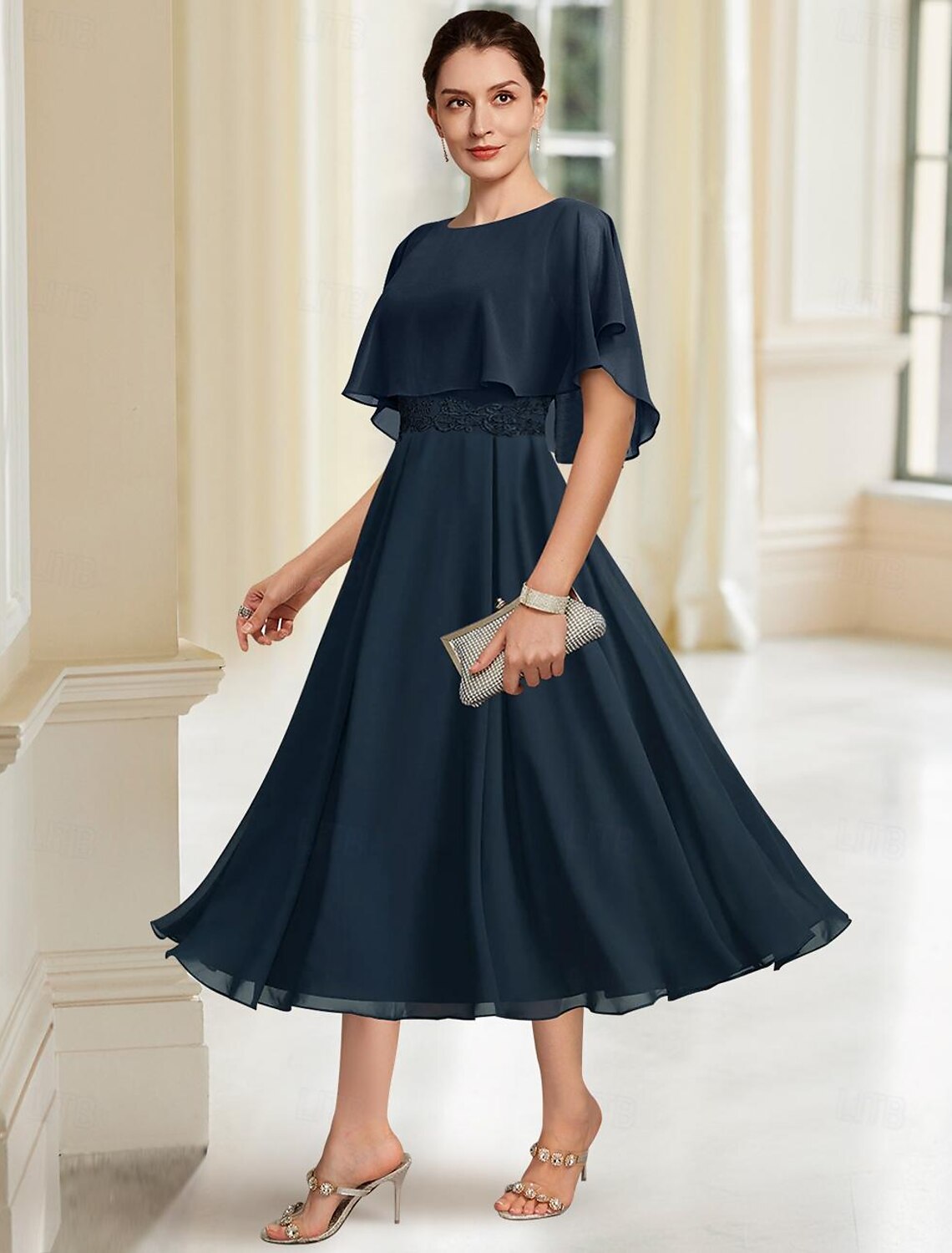 Buyishang A-Line Mother of the Bride Dress Elegant Jewel Neck Tea Length Chiffon Half Sleeve with Lace free custom size